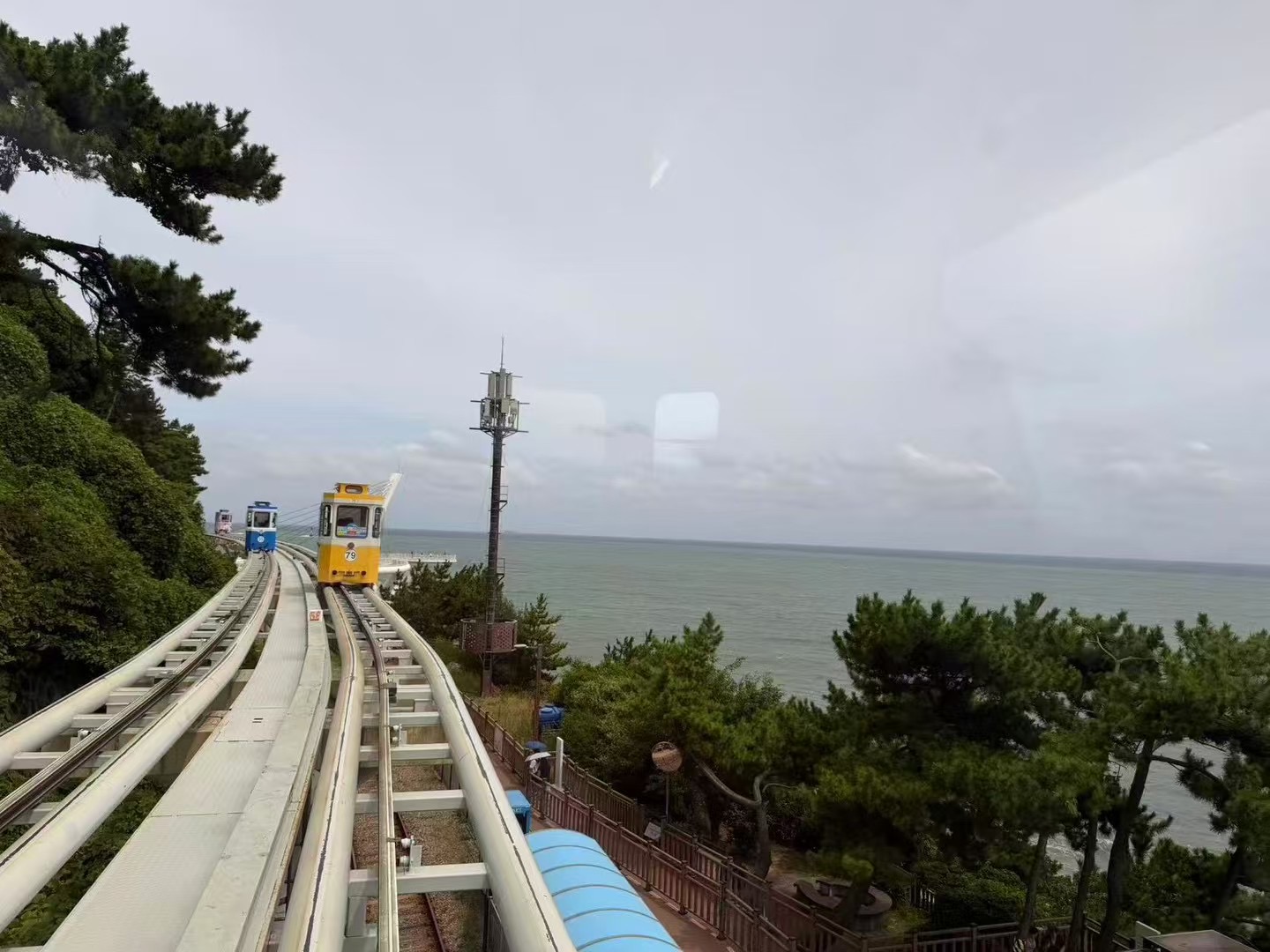 沿着海岸行驶的彩色列车